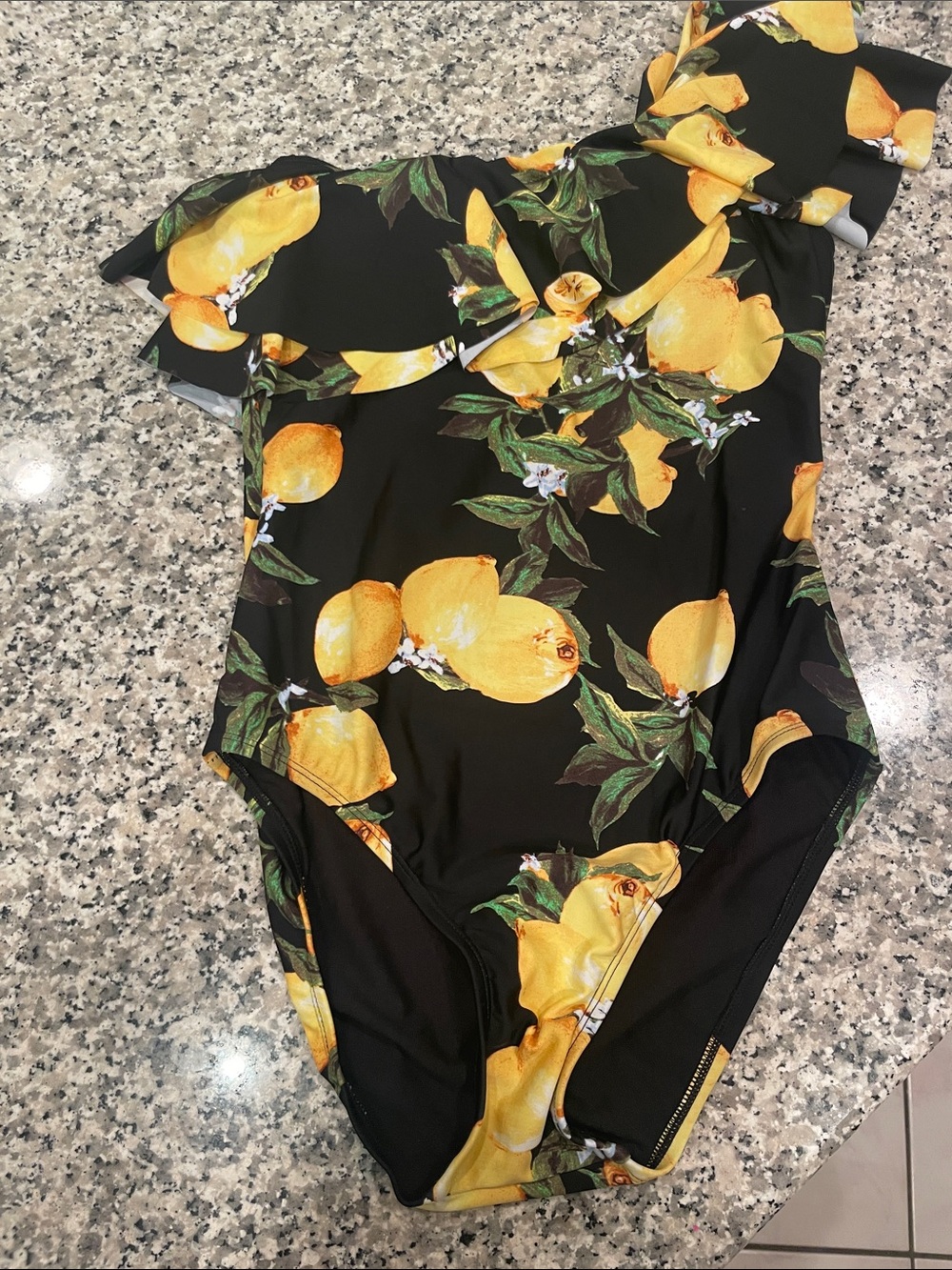 Black One-Shoulder Lemon-Print One-Piece Swimsuit